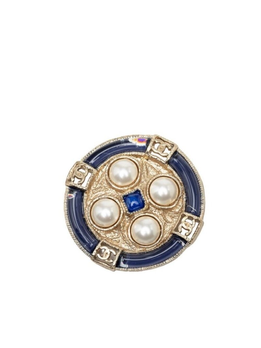 Chanel Cruise Line CC Logo Round Brooch Gold Blue Plated Faux Pearl